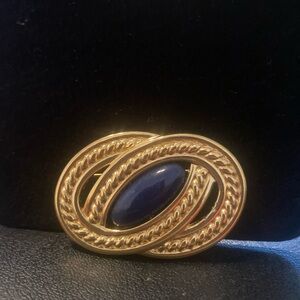 Vintage Monet Gold-Tone Navy Cabochon Brooch